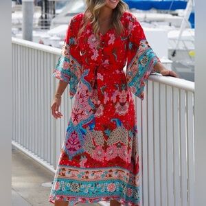 Lena Vie Boutique Peacock Floral Maxi Kimono Style Dress (See Measurements)